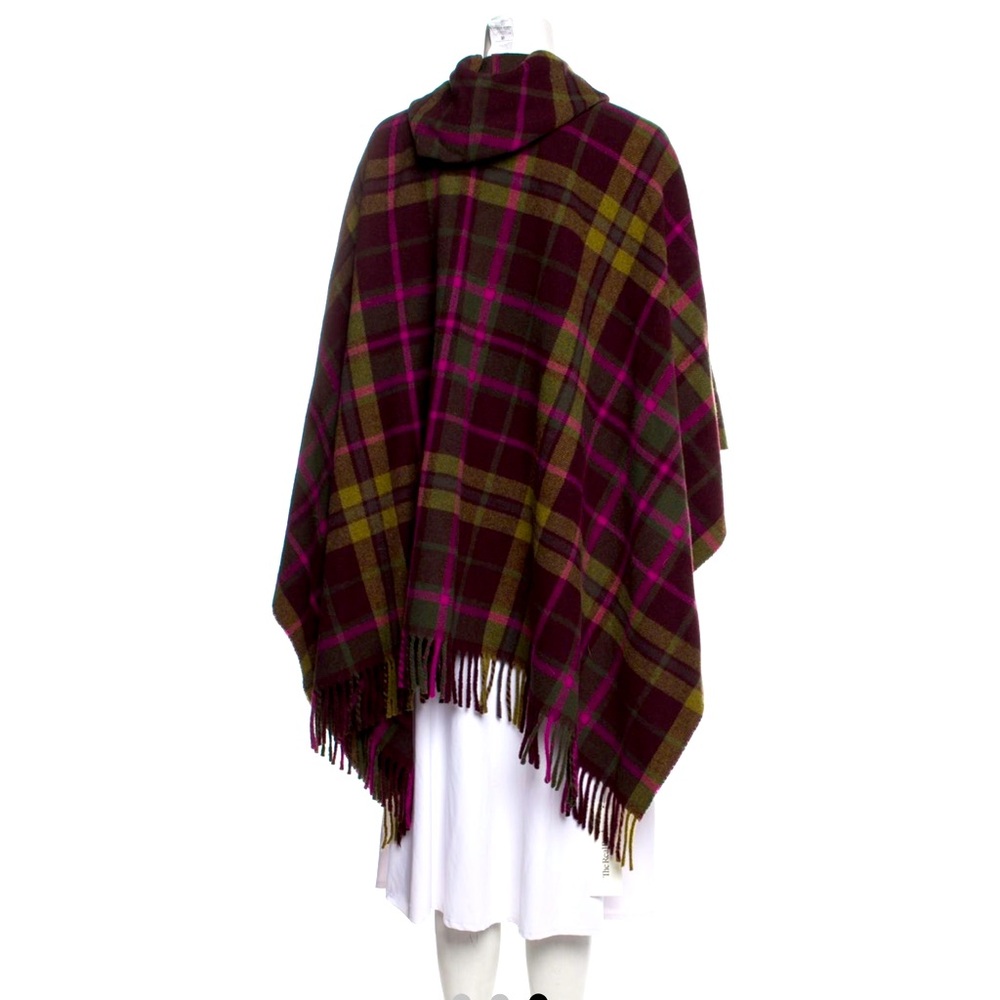MAX MARA Outlander Tartan Plaid Hooded Ruana Cape Olive Green Fringe M Like New! - Picture 5 of 14